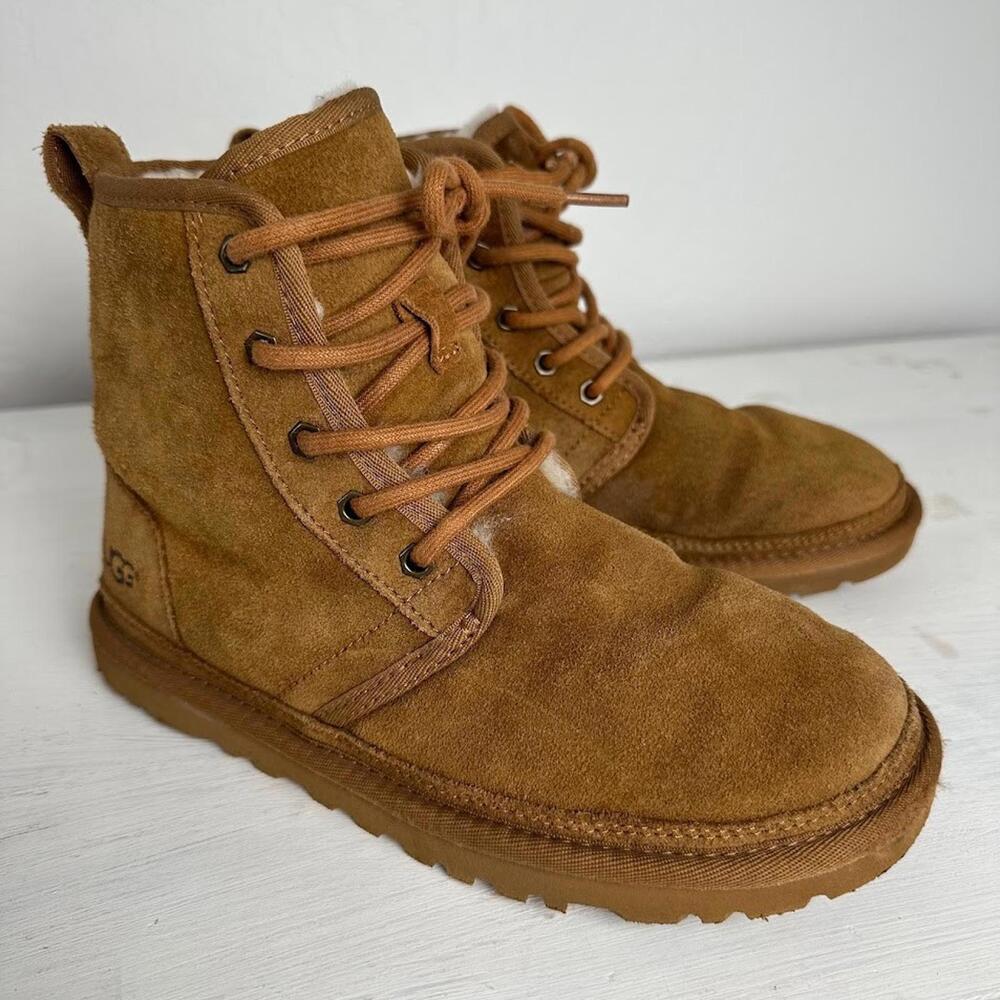 UGG Mens Harkley Boots Light Brown Size 5‎ 1016472 Lace Up Suede Fleece Sheep